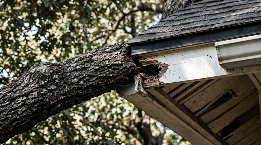 Tree branch making contact with residential roofline showing how roof rats access Huntsville attics