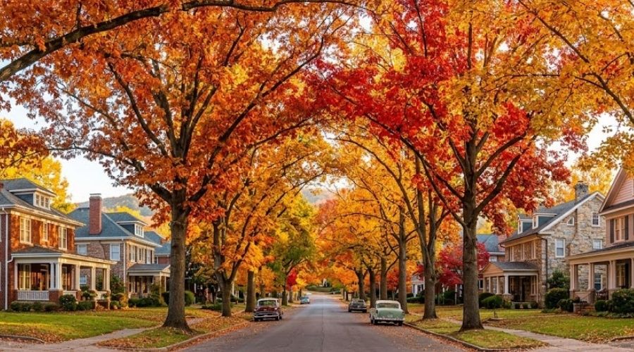 Mature Tennessee Valley hardwood canopy over a Huntsville residential street explaining year-round rodent pressure