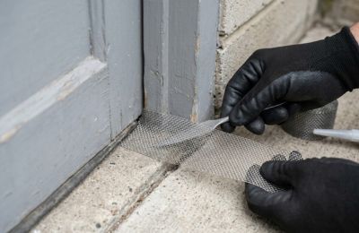 Mouse entry point sealing near a garage door corner in a Huntsville home