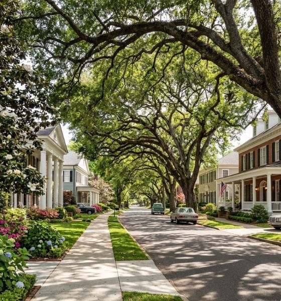 Mature hardwood canopy over a historic Huntsville residential street in the Tennessee Valley