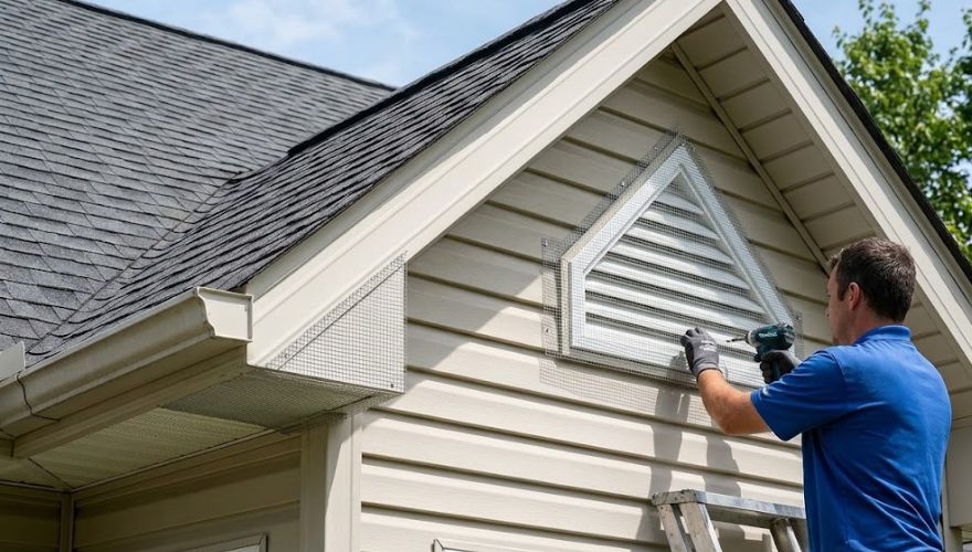 Technician on ladder at roofline installing hardware cloth over soffit gap for attic rodent proofing in Huntsville
