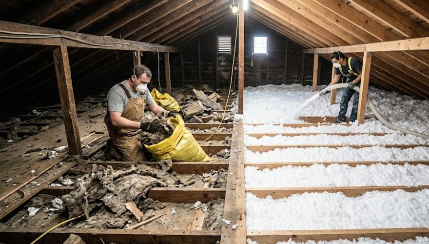 Contractor installing new blown-in attic insulation after rodent damage removal in Huntsville home