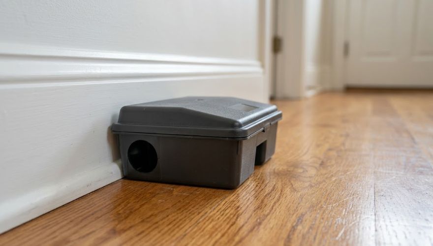 Norway rat grease marks along a baseboard with measurement scale during Huntsville rat control inspection