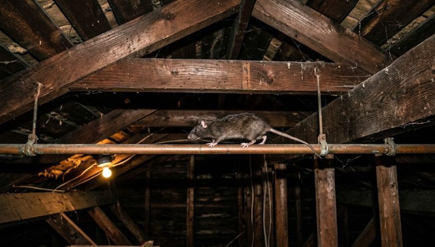 Attic rafters showing roof rat droppings and nesting material during Huntsville roof rat removal inspection